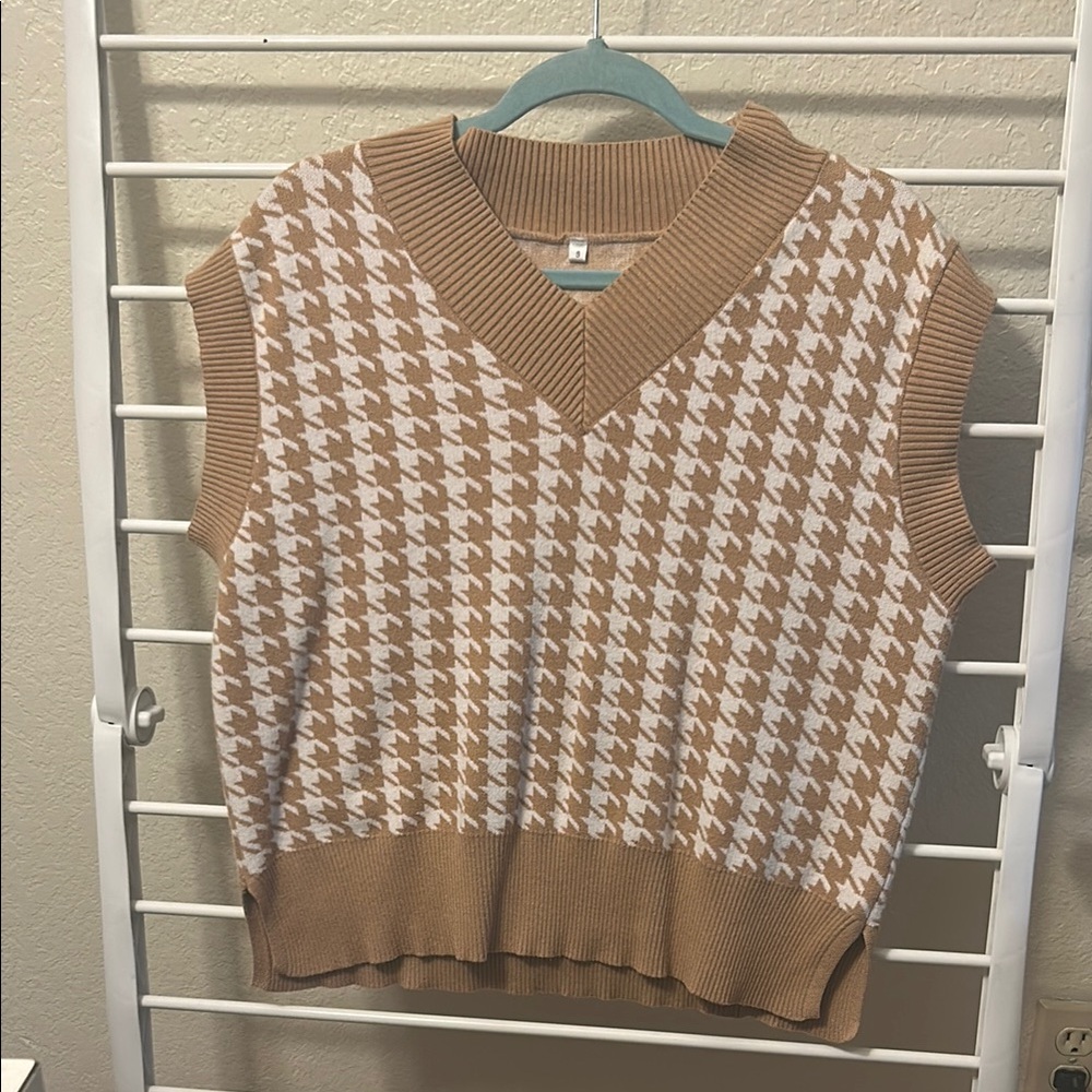 Tan and White Houndstooth Sweater Vest